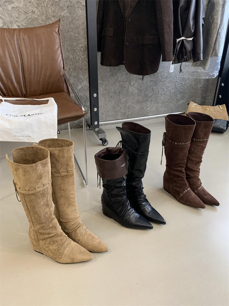 Dong Life Has the Same Inner Height Increase of 25 New Knee Boots, Foldable Two-wear Pointed Boots, Pleated Stacked Boots