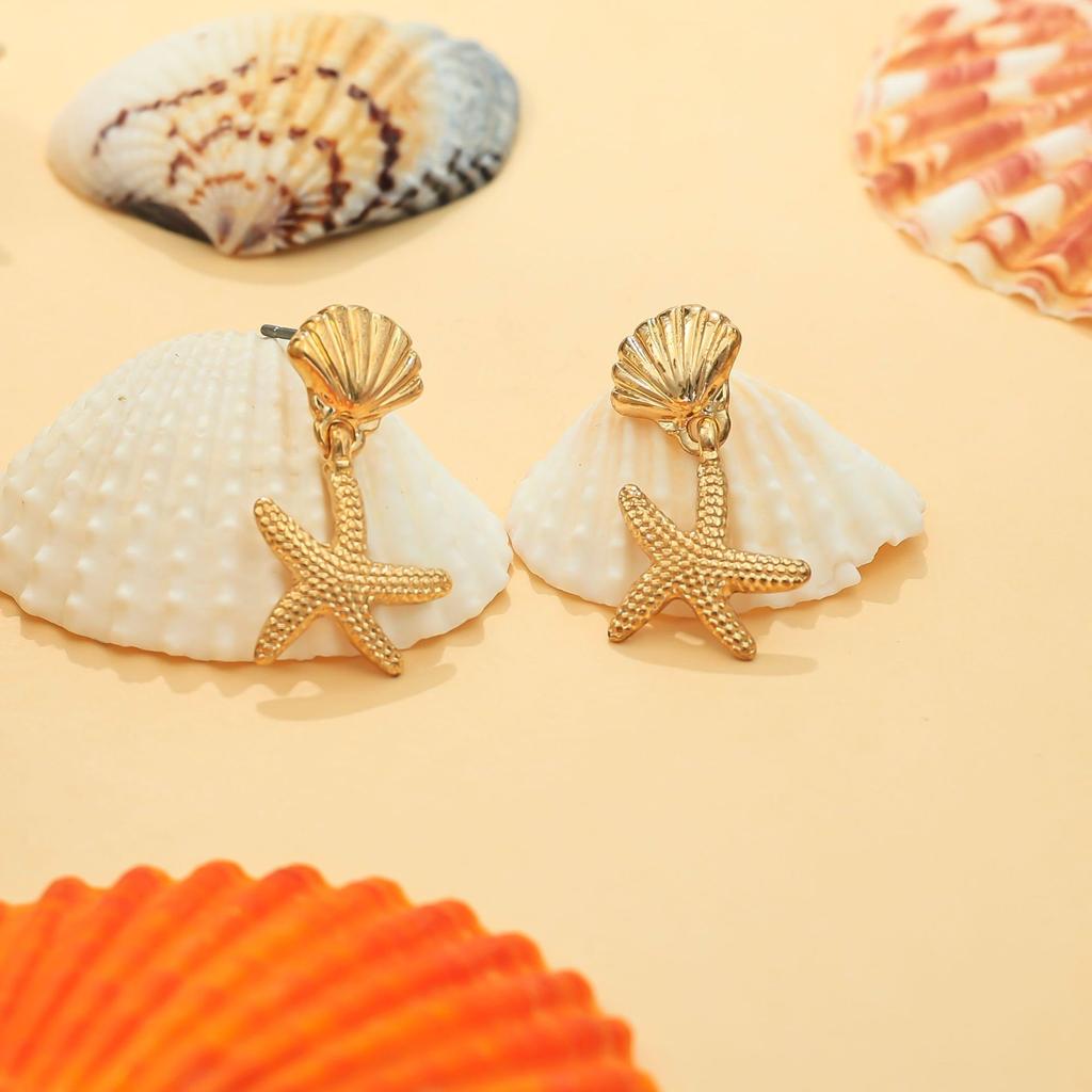 Beach vacation fashion fine jewelry metal shell starfish fringed women stud earrings