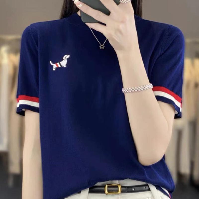 Ice Silk Short-sleeved T-shirt for Women Round Neck Sweater Embroidered Versatile Thin Loose Versatile Base Shirt Top