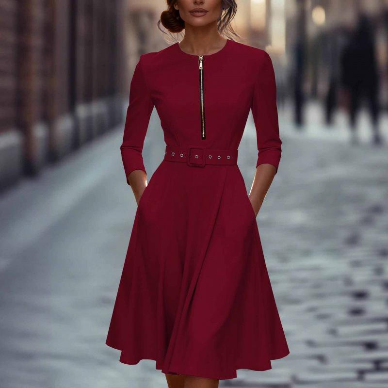 Women's Fashionable Round Neck Seven Quarter Sleeve Zipper Pocket Casual Dress With Belt