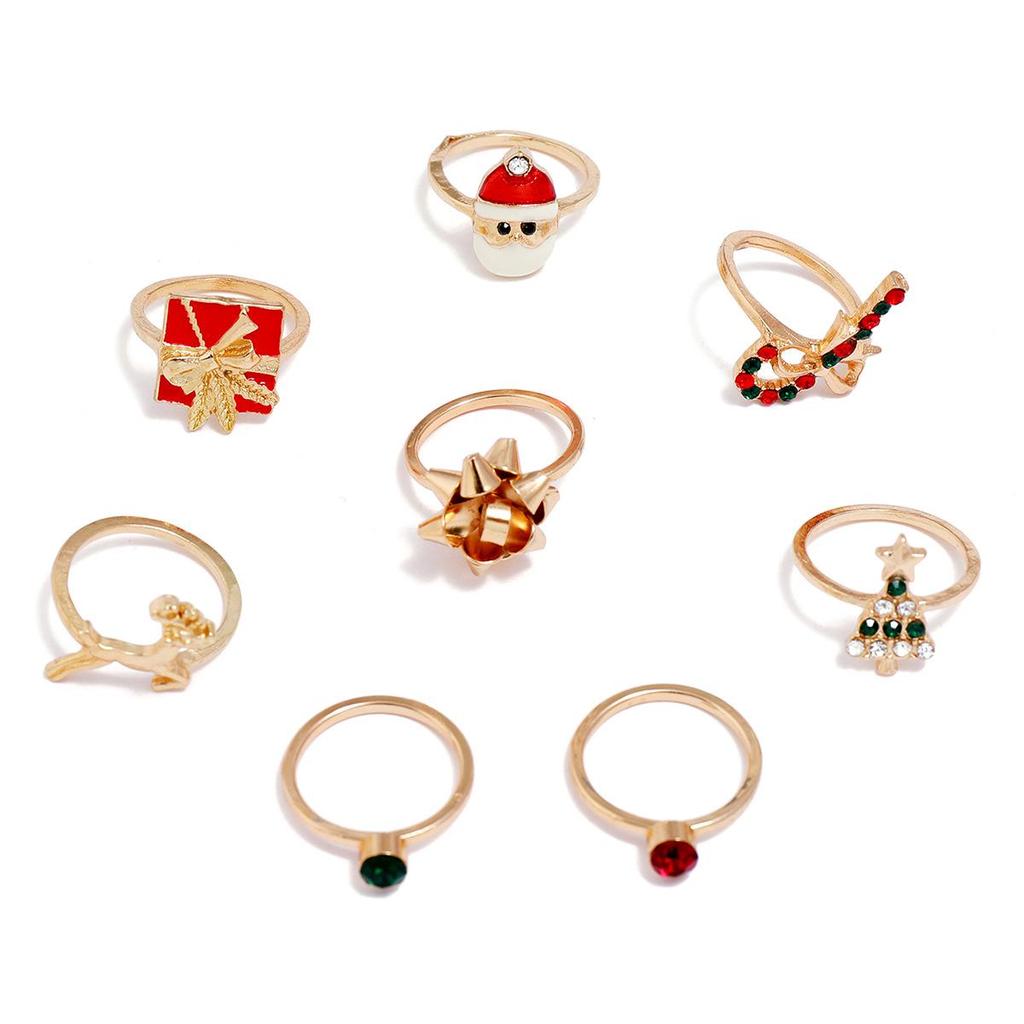 8-Piece European Christmas Rhinestone Ring Set: Tree, Santa, Bowtie & Reindeer Designs