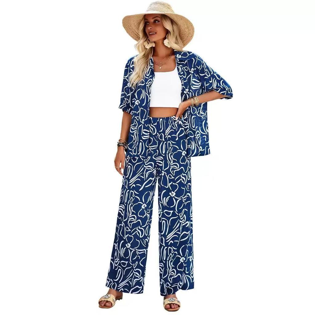 2026 spring and summer cross-border women's bohemian print shirt trousers set casual vacation style fashion two-piece set