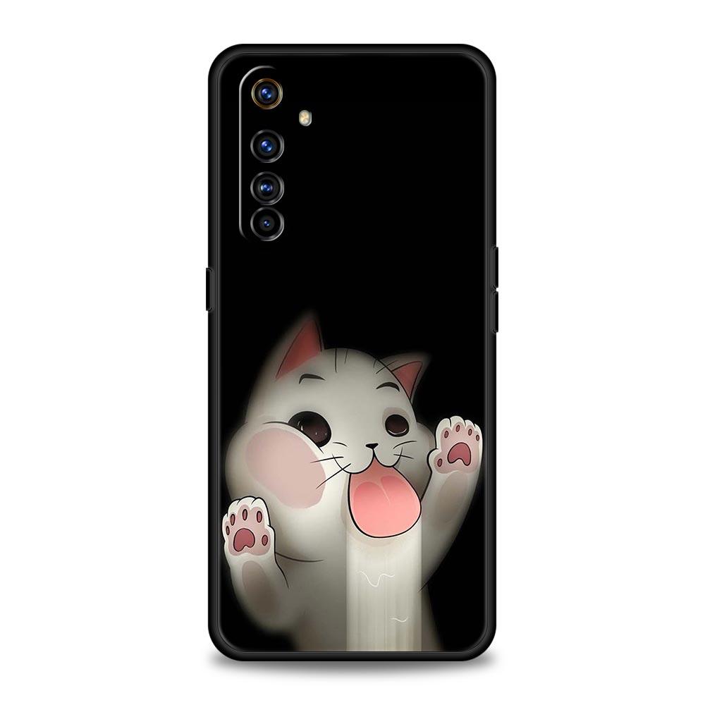 Cartoon Cat Phone Case For Realme 12 11 10 6 7 9 Pro Plus 8 5G C35 8i 9i GT2 GT3 GT5 GT Neo 2 3 5 Black Cover Soft Shell