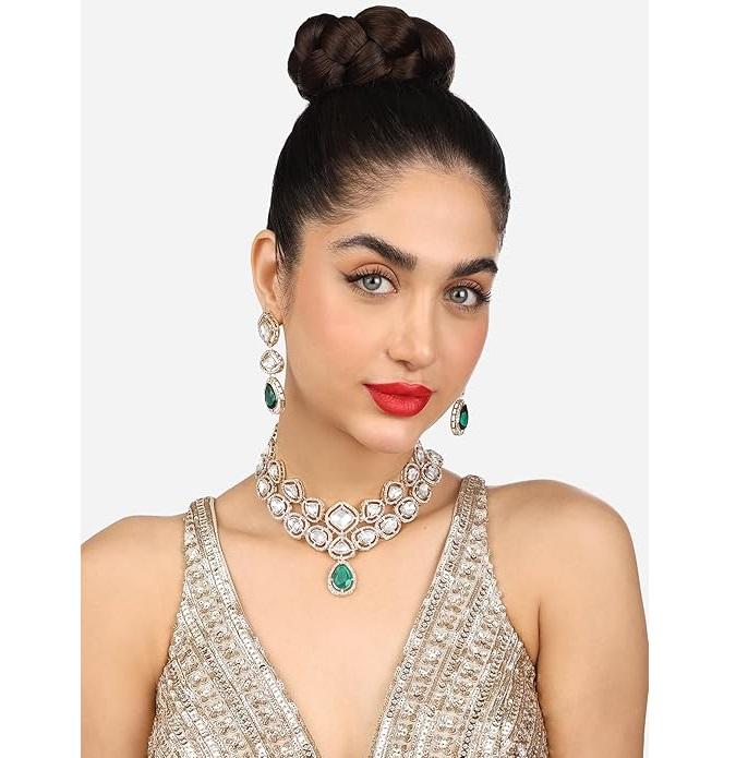 Green Stones Dazzling Austrian Diamonds Bling Necklace & Earring Set For Women