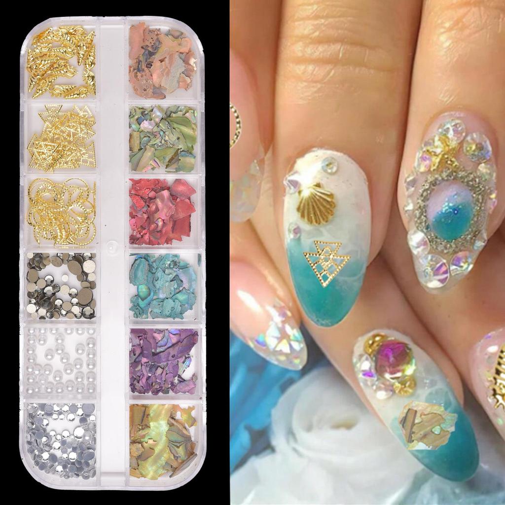 Ultra-Thin Abalone Nail Art Kit: 12-Grid Mixed Ornaments with Shells, Rivets, Pearls, and Rhinestones.