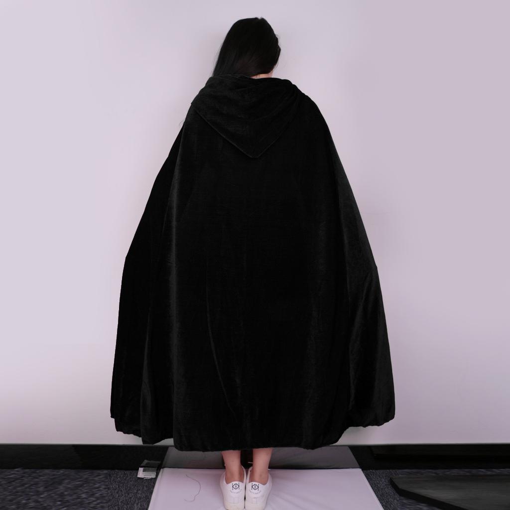 Velvet Ankle Length Cloak Cape With Hood Gothic Fancy Dress Medieval Robe Costume - Black