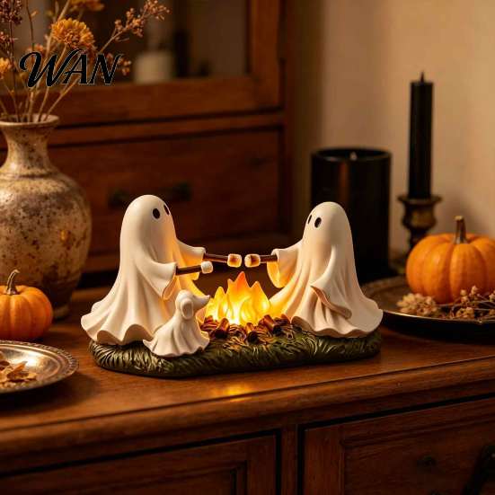 Niedliches Horror-Thema Dekor Geist geröstete Marshmallows LED-Ornament, Langlebige Harz Halloween Desktop Party Tischmittelstück Handwerk, Dekoratives Warmes Licht