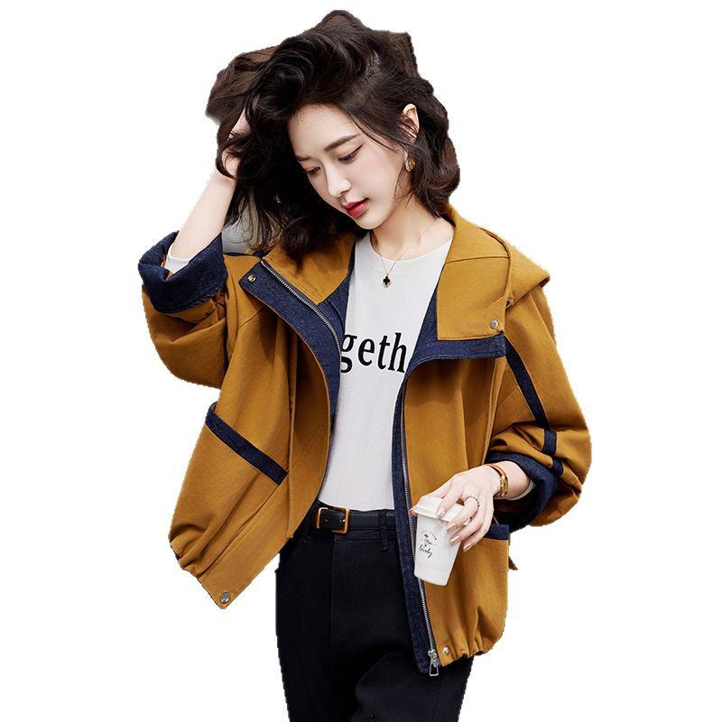 2025 Spring Women's Color Block Hooded Twill Cotton Jacket GE2513