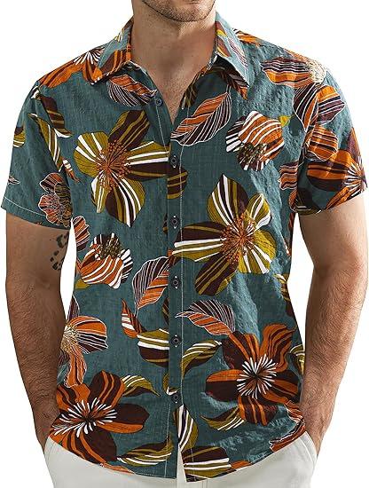 Men's Short Sleeve Shirt, Sunflower Print Loose Fit Shirt, Lightweight Collared Button-Up Casual Top