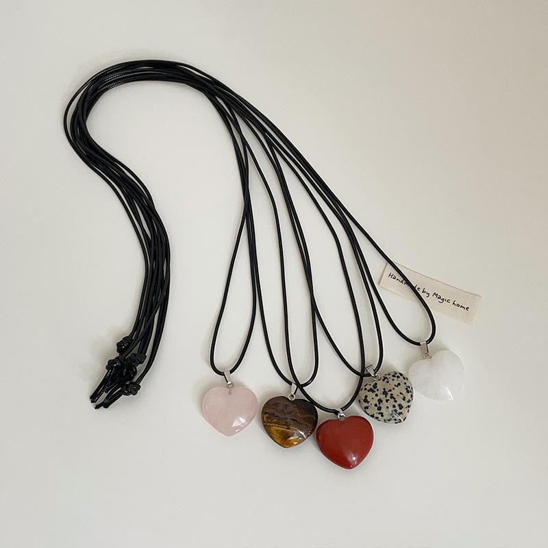 Natural Stone Heart Pendant Necklace - Black Cord, Women's Fashionable Choker for Commuting & Versatile Wear