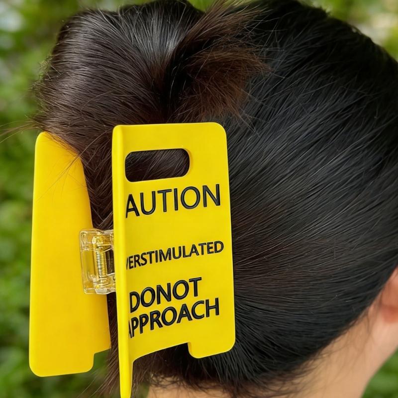 2PC Popular Caution Sign Hair Claw Clip Overstimulated Design Ponytail Holder for Thick Curly Fine Hair with Strong Grip