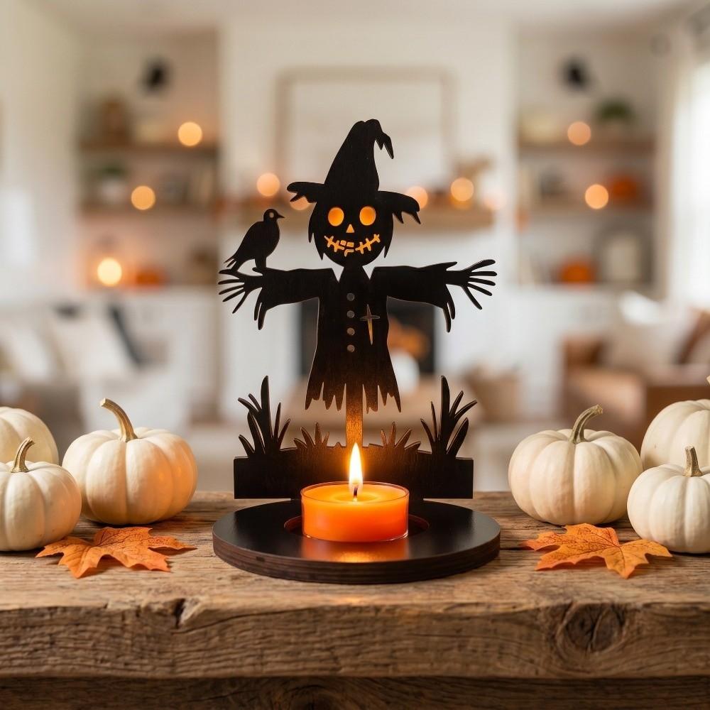 Creative Wooden Shadow Candle Holder Scarecrow Ghost Halloween Candle Stand Spook Black Cat Tealight Holder Novelty Gift