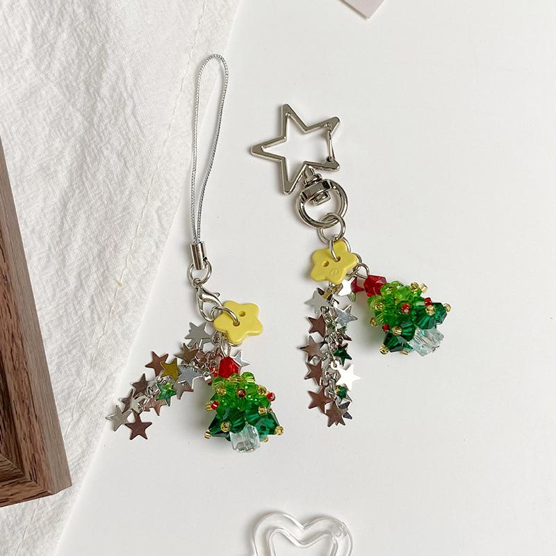 Y2K Trendy Christmas Tree Keychain Cute Star Tassel Keyring Pendant Ins Style Aesthetic Girly Phone Lanyard Bag Charms Xmas Gift