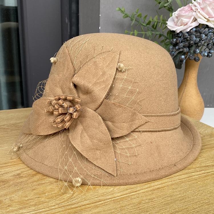 Female Autumn And Winter British Celebrity Top Hat Three-Dimensional Mesh Flower Dome Basin Hat Korean Version Casual Versatile Half-Roll Woolen Hat