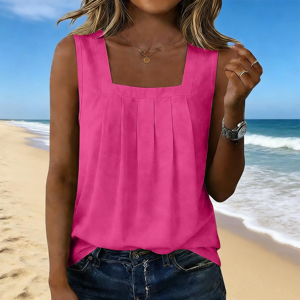 Women’s Square Neck Pleated Tank Top Sleeveless Casual Blouse Loose Fit Lightweight Pullover Shirt for Daily Wear