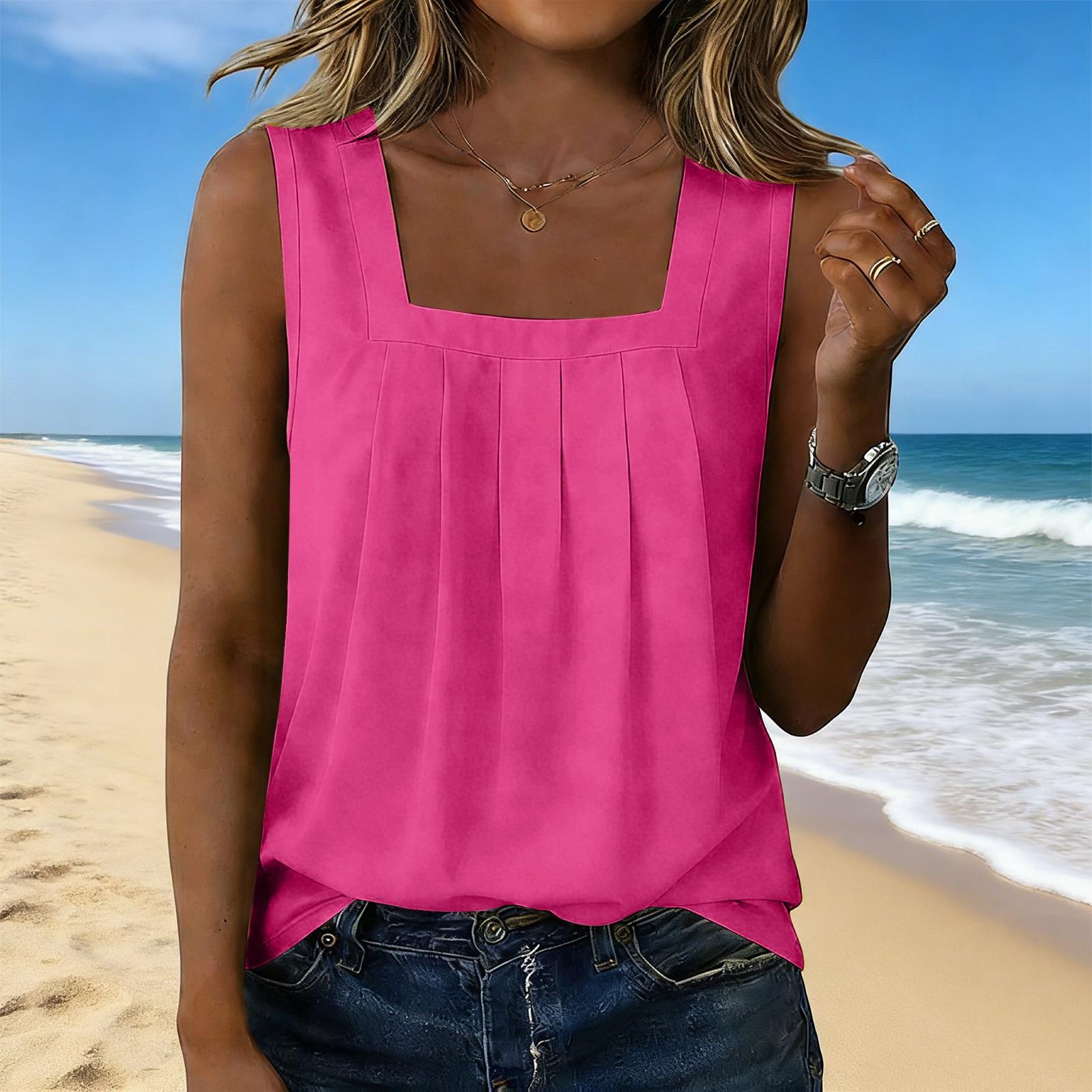 

Women Square Neck Sleeveless Pleated Blouse Loose Fit Tank Top Casual Summer Lightweight Pullover Shirt for Daily Wear S