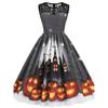 Fashion Halloween round Neck Lace Patchwork Pumpkin Cartoon Print Silm Sleeveless Swing Dress Female Dress
