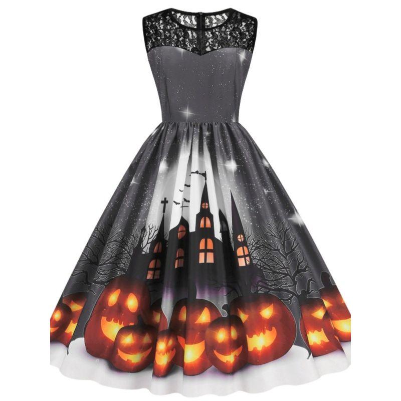 Fashion Halloween round Neck Lace Patchwork Pumpkin Cartoon Print Silm Sleeveless Swing Dress Female Dress