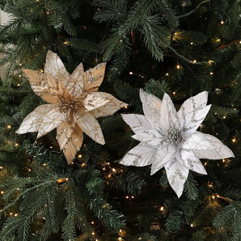 Glitzer Künstliche Weihnachtssternblume 28CM Pailletten Blume Weihnachtsbaumzubehör