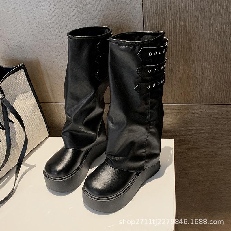 

Черные высокие модные ботинки на толстой подошве для женщин, новые летние тонкие модели 2025 года, для ношения с юбками и тонкими высокими сапогами 40 чёрный