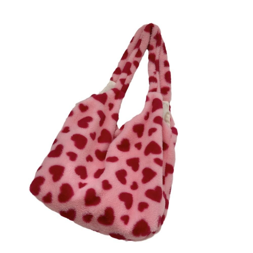 Chic And Cozy Heart Print Plush Tote Bag With Dual Straps For Casual Outings