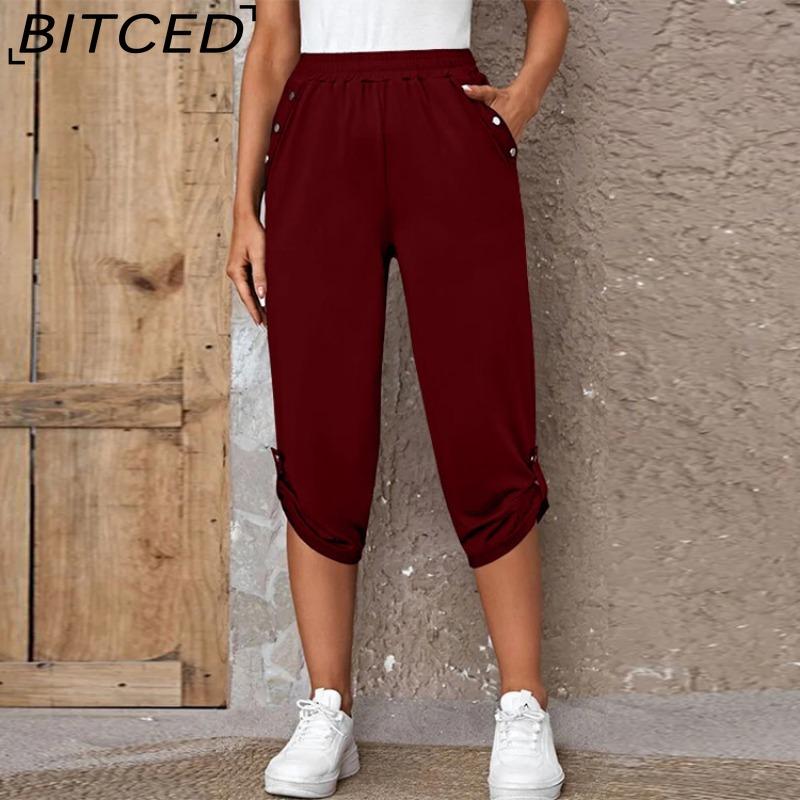 BITCED Damen Cropped Hosen mit Taschen und elastischem Bund, Sommerknöpfe