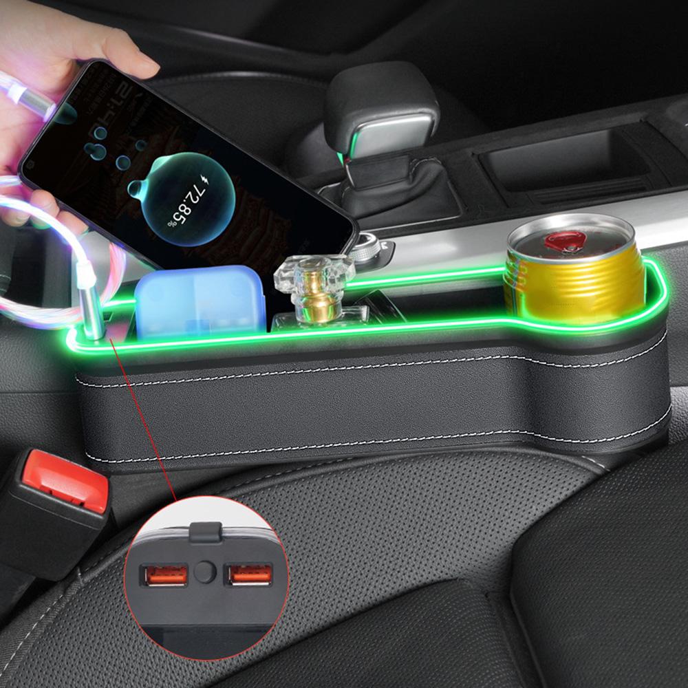 New Car Crevice Storage Box with 2 USB Charger Colorful LED Seat Gap Slit Pocket Seat Organizer Card Phone Bottle Cups Holder