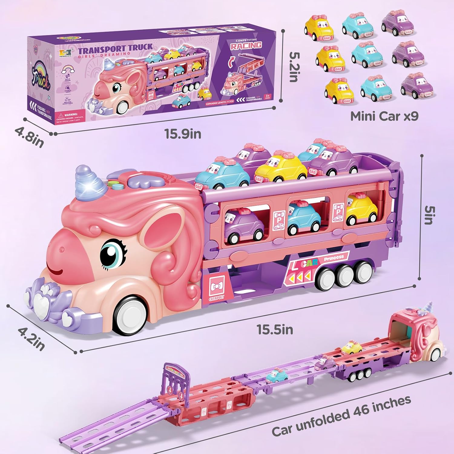Unicorn Truck Car Toys for 2 3 4 5 6 7 Year Old Toddler Girl with Foldable Race Track Light&Sound 9 Princess Car for Girl Birthday Gift