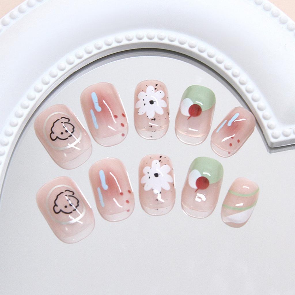 24PCS Blush Fake Nails with Flower Printed Reusable Long Lasting Press on Nails for Working Dating or Partying