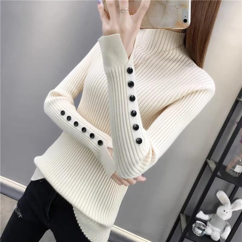 Half High Neck Sweater for Women Autumn and Winter Thick Slim Pullover Sweater Button Slit Sleeve Top Knitted Sweater for Women
