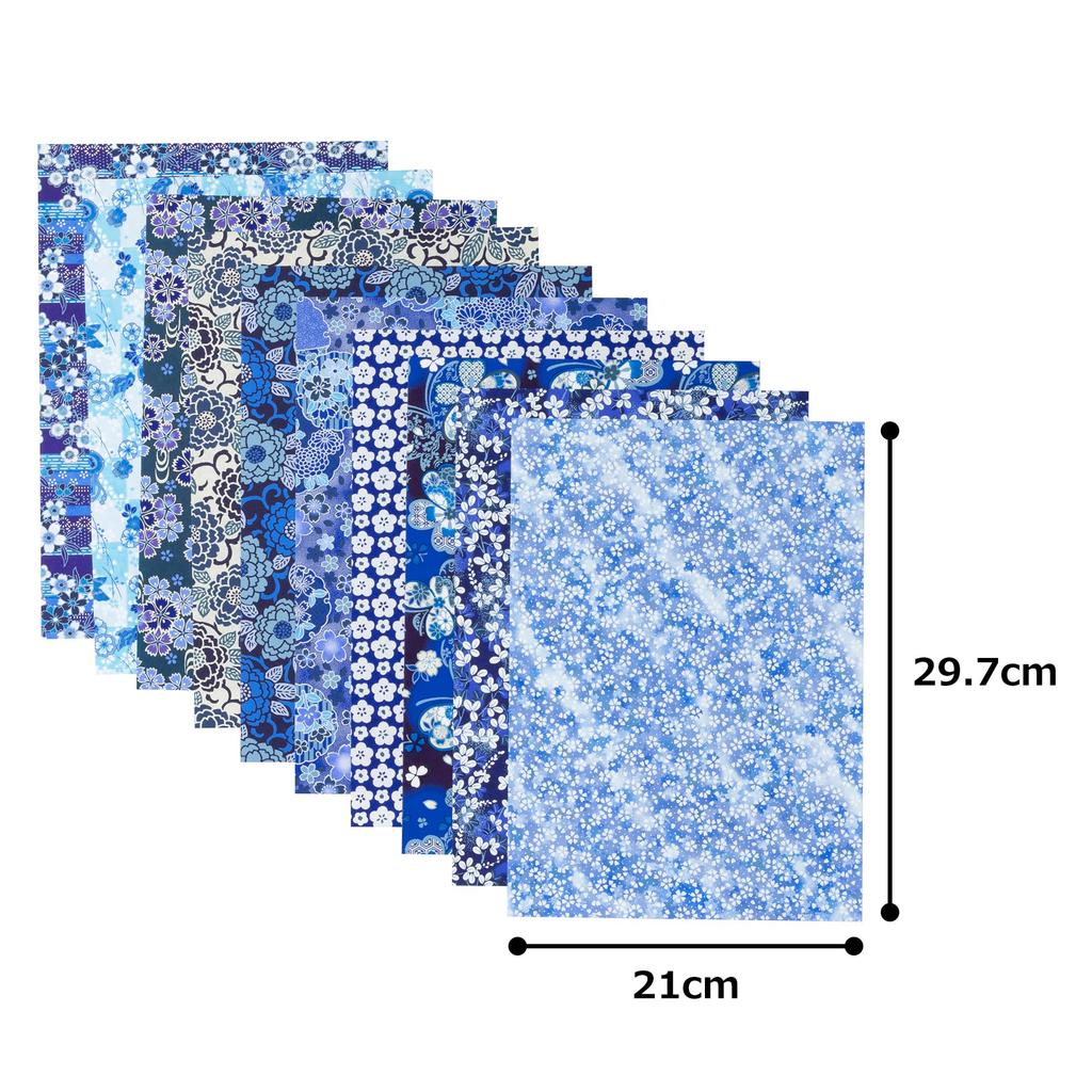 Kawasumi Washi Special Chiyogami Yuzen Washi A4 21 x 10 Patterns Indigo-Style Hand-Dyed Paper, Size, 29.7 cm,