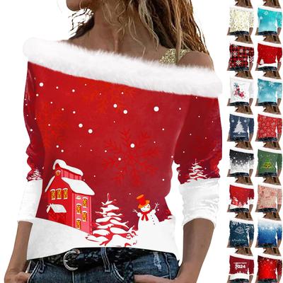 Lässiges, langärmeliges, lässiges Oberteil aus Plüsch mit Weihnachtsdruck für Damen