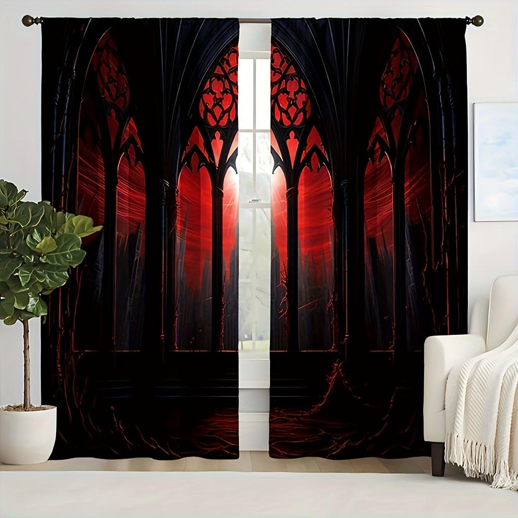 2pcs New Fashion Curtain Retro Dusk Window View Digital Print Rod Pocket Curtain Home Decoration Living Room Decoration Suitab