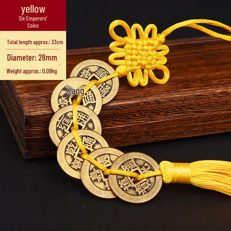 Pure Copper Chinese Lucky Knot Pendant with Five, Six, and Ten Emperor Coins - Door or Threshold Decoration.
