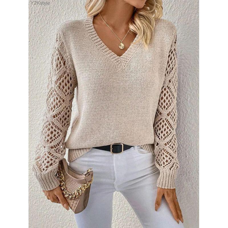 Hollow out Long Sleeve V-neck Sweater Hollow out Long sleeve V-neck Pullover Sweater