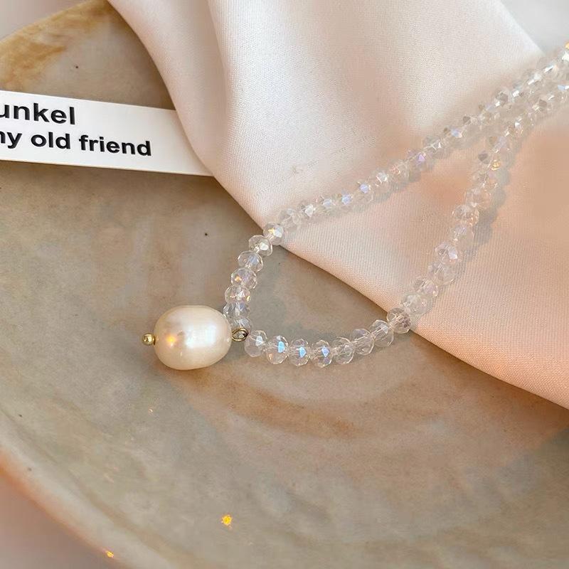 Korean Ins Style Fashion Temperament Imitation Pearl Pendant Necklace Female Japanese and Korean Ins Niche Crystal Chain Collarbone Necklace