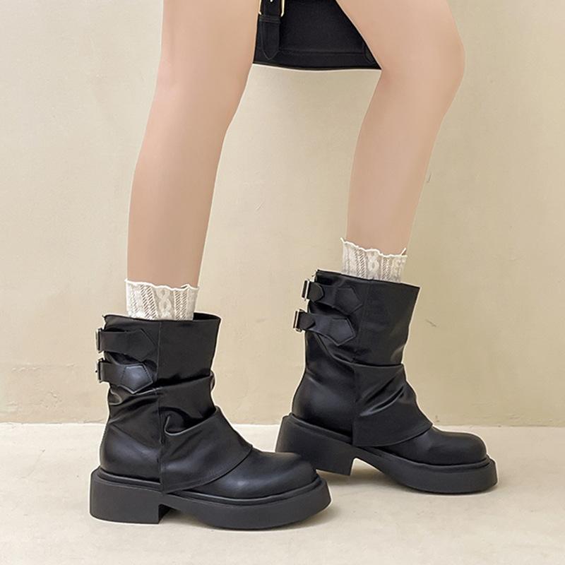 Retro thick-soled Martin boots women's autumn and winter French design casual versatile leather boots heightened and thin trouser tube boots fashio