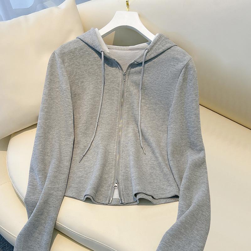 Apricot Hooded Sweatshirt for Women In Autumn and Winter Double Zipper Cardigan Jacket Latest Everyday Short Top