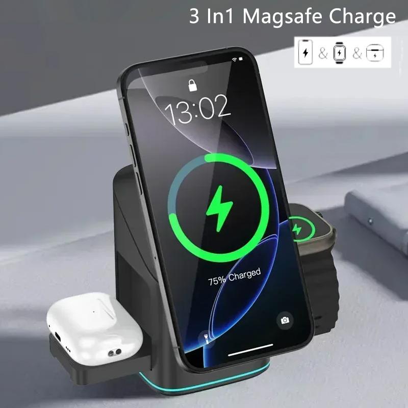 3 In 1 Wireless Charger Stand For Samsung Phone iPhone 16 15 14 13 Pro Max iWatch AirPods With LED Light Fast Charging Station