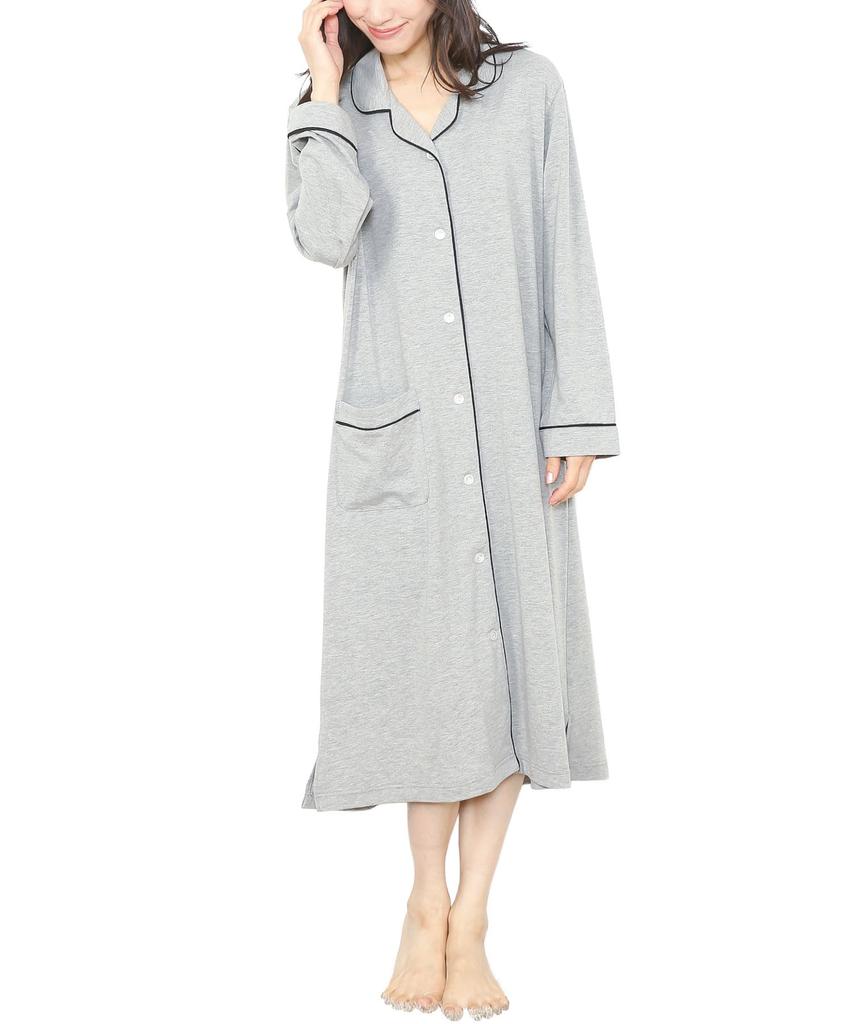 ON NISHIKI Long Sleeve Cotton Stretch Long Loungewear Size Women's Nightgown, Pajamas, Open-Front Dress, Spring/Autumn, Blend, Jersey, Length, (Gray