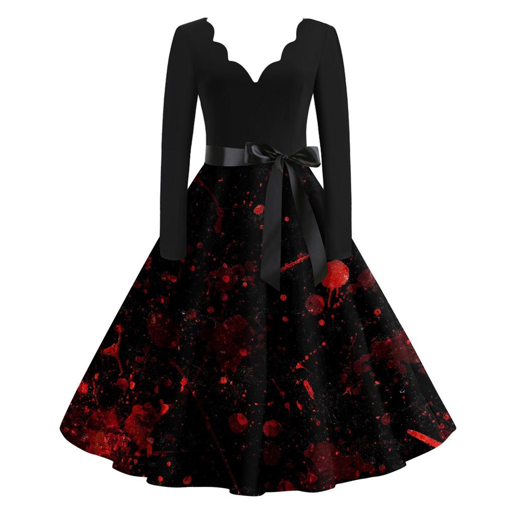Women's Casual Fashion Halloween Printed V-Neck Vintage Dress