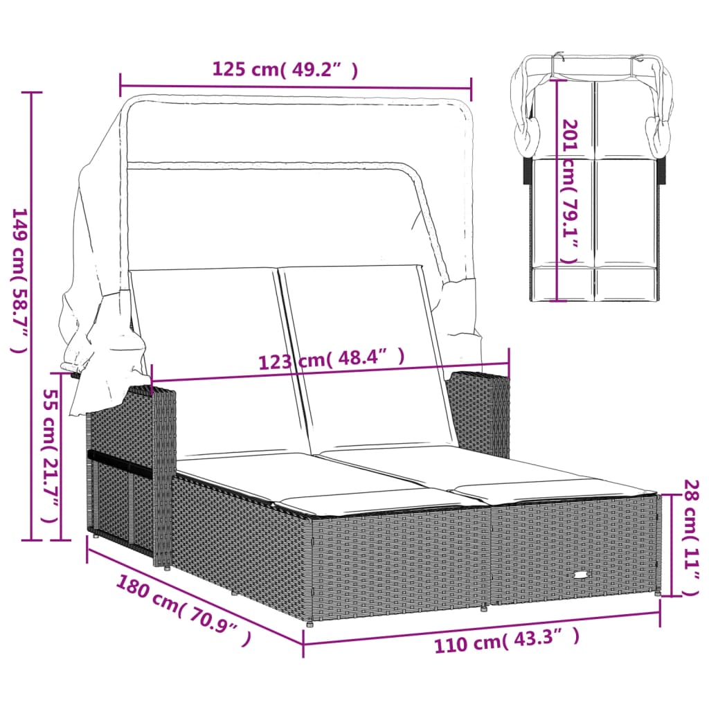 Double Sun Lounger with Canopy and Cushions Grey Poly Rattan