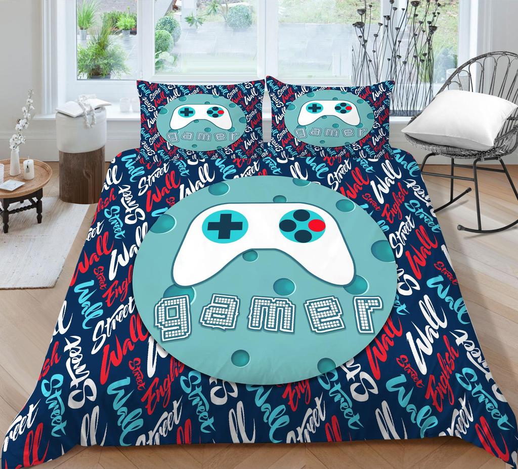3D Bedding Single Double Bed Game Machine Printed Pillowcase and Quilt Cover 2/3 Pieces for Boys and Men Game Lovers Comfortable Household Bedding