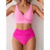 Vintage Hot Pink Patchwork Bikini Women V Neck Cross Pleate High Waist Swimsuit 2026 Holiday Bathing Suit Swimwear Large Size
