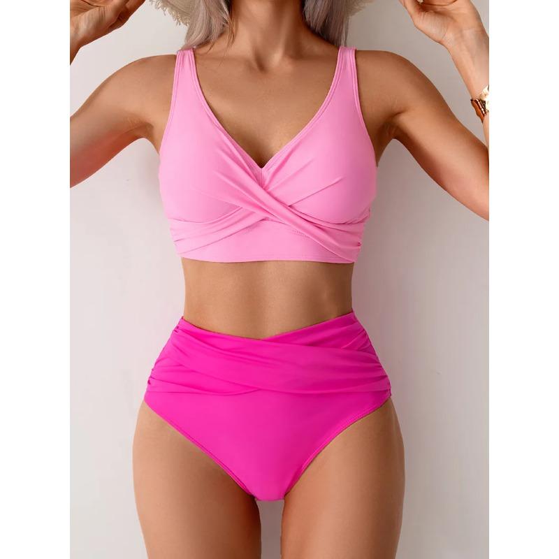Vintage Hot Pink Patchwork Bikini Women V Neck Cross Pleate High Waist Swimsuit 2026 Holiday Bathing Suit Swimwear Large Size