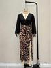 Elegant European & American Leopard Print V-Neck High Slit Black Dress
