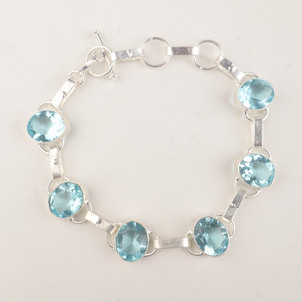 Sky Blue Topaz Gemstone 925 Sterling Silver Jewelry Handmade Bracelet9" For Gift RB-6-16