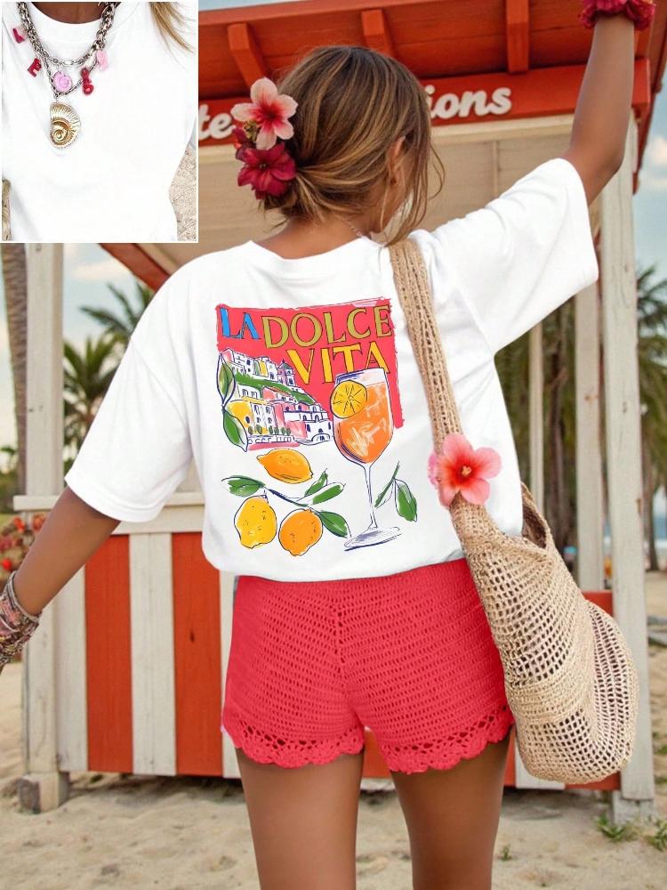 

La Dolce Vita Back Print Women Tshirt Casual Short Sleeve Graphic Tee Crew Neck Shirt Vintage Ladies T Shirts Female Clothing S