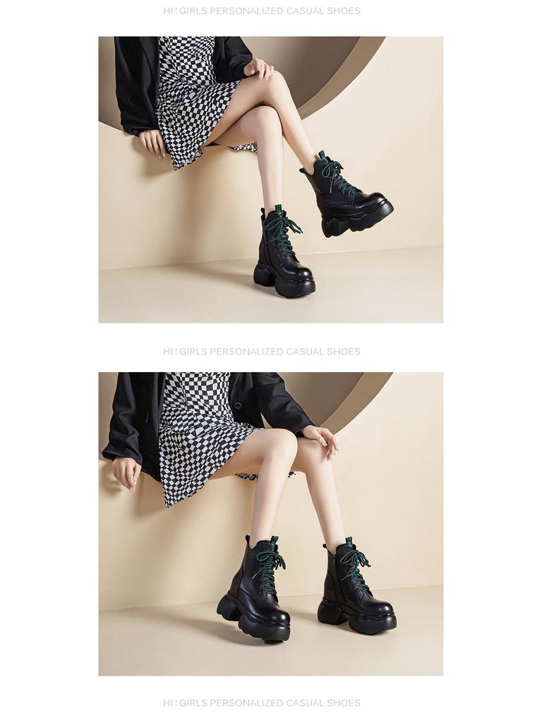 Women's Genuine Leather British-Style Ankle Boots - Versatile Autumn/Winter Fashion with Thick Sole and Inner Height Adjustment