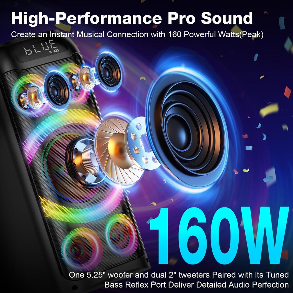 Bluetooth Speaker, 160W Peak Powerful Loud Stereo Sound Deep Bass Wireless Boombox with Subwoofer TWS Pairing Dynamic LED Light